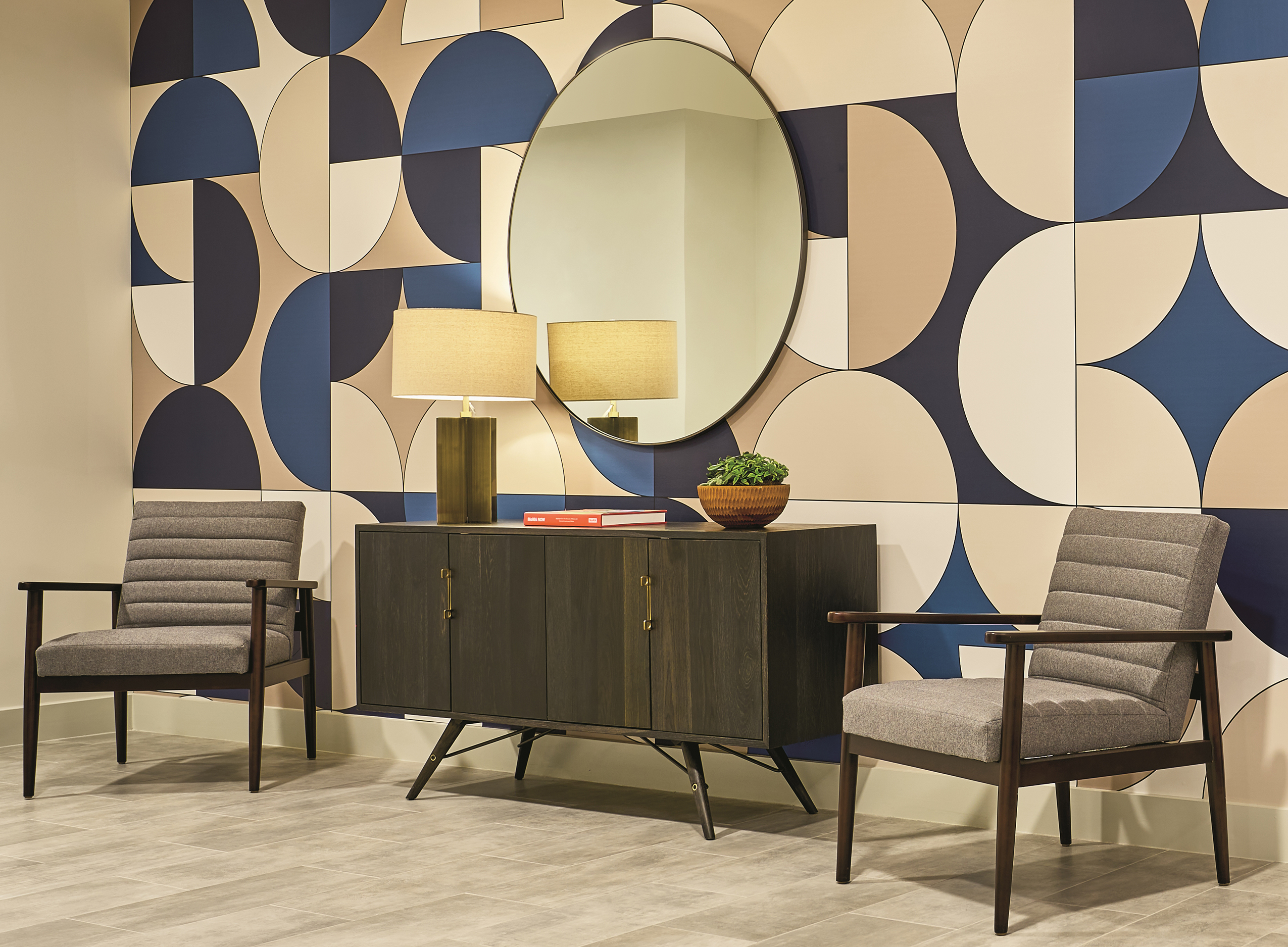 Lobby with patterned wall by Mary cook
